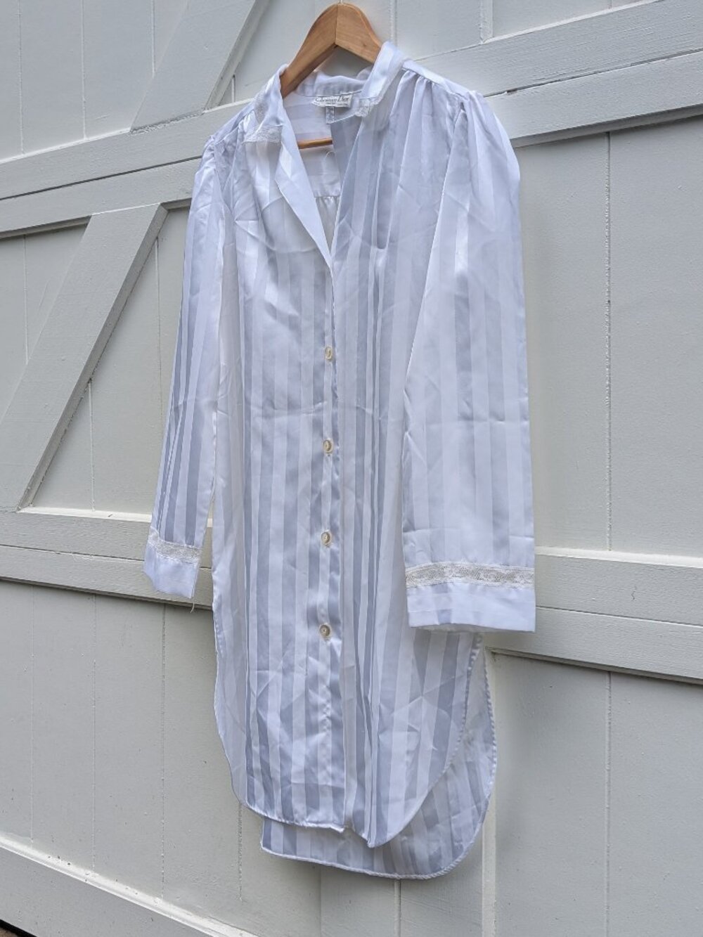 Vintage 80s Christian Dior Lingerie White Satin Shadow Stripe Nightshirt S